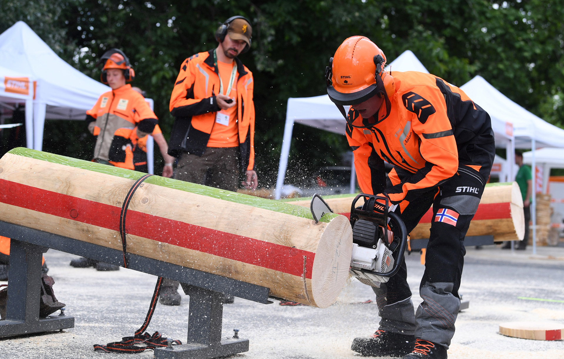 Schüler aus Norwegen in persönlicher Schutzausrüstung von STIHL und einer STIHL Kettensäge sägt einen Baumstamm