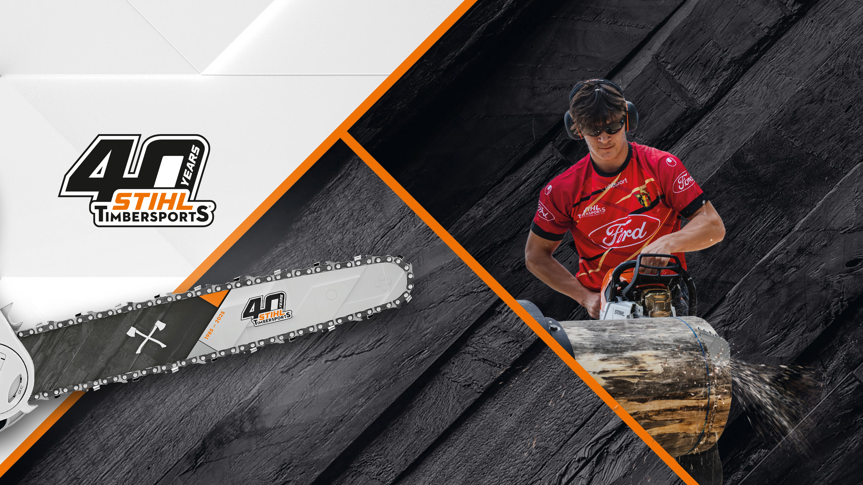 STIHL TIMBERSPORTS 40 Jahre: Sportler in rotem Trikot bedient eine STIHL Motorsäge, mit Logo und Jubiläumsschiene im Vordergrund