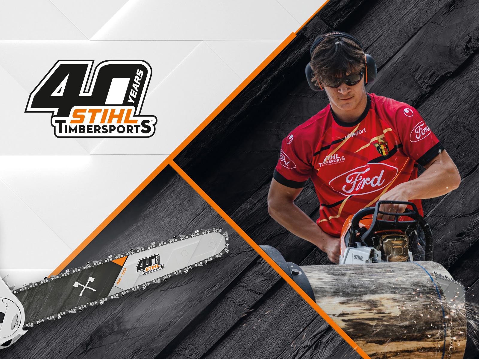 STIHL TIMBERSPORTS 40 Jahre: Sportler in rotem Trikot bedient eine STIHL Motorsäge, mit Logo und Jubiläumsschiene im Vordergrund