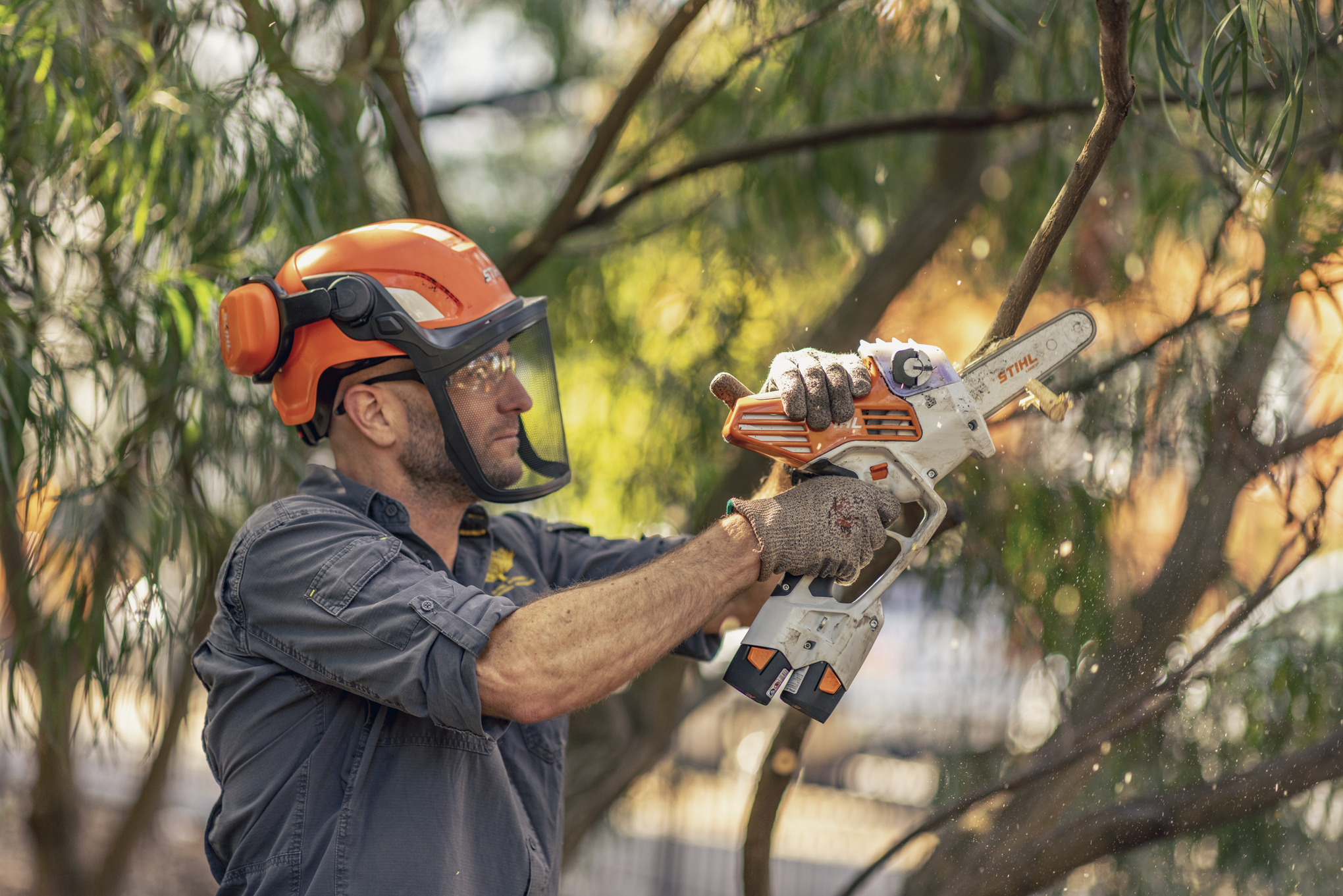 Charlie Carroll mit Helm mit Gesichts- und Augenschutz sägt einen Ast mit einer Akku-Astschere GTA 40 ab 