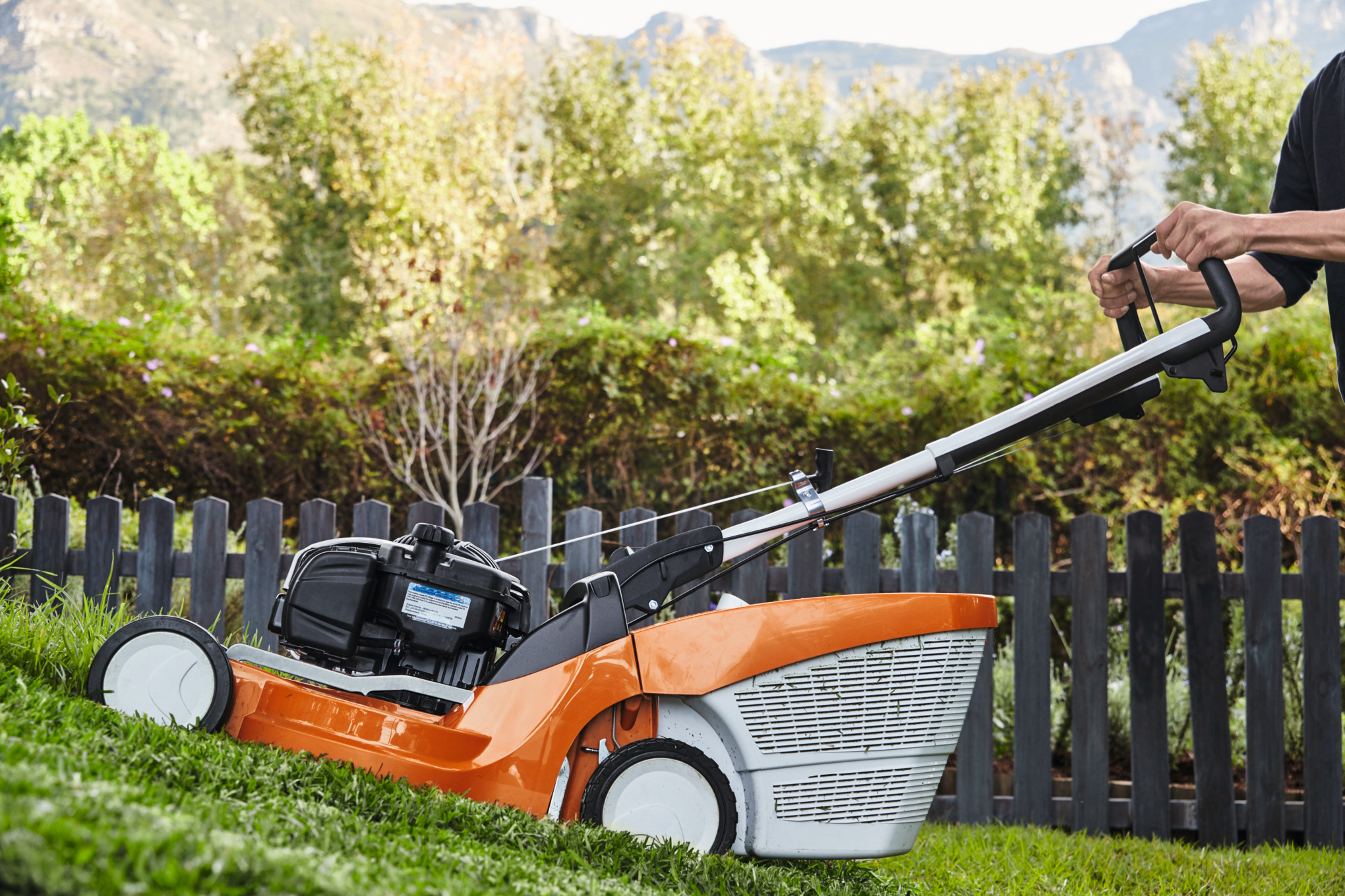 a STIHL RM 448 TC petrol lawn mower mows the lawn along the fence