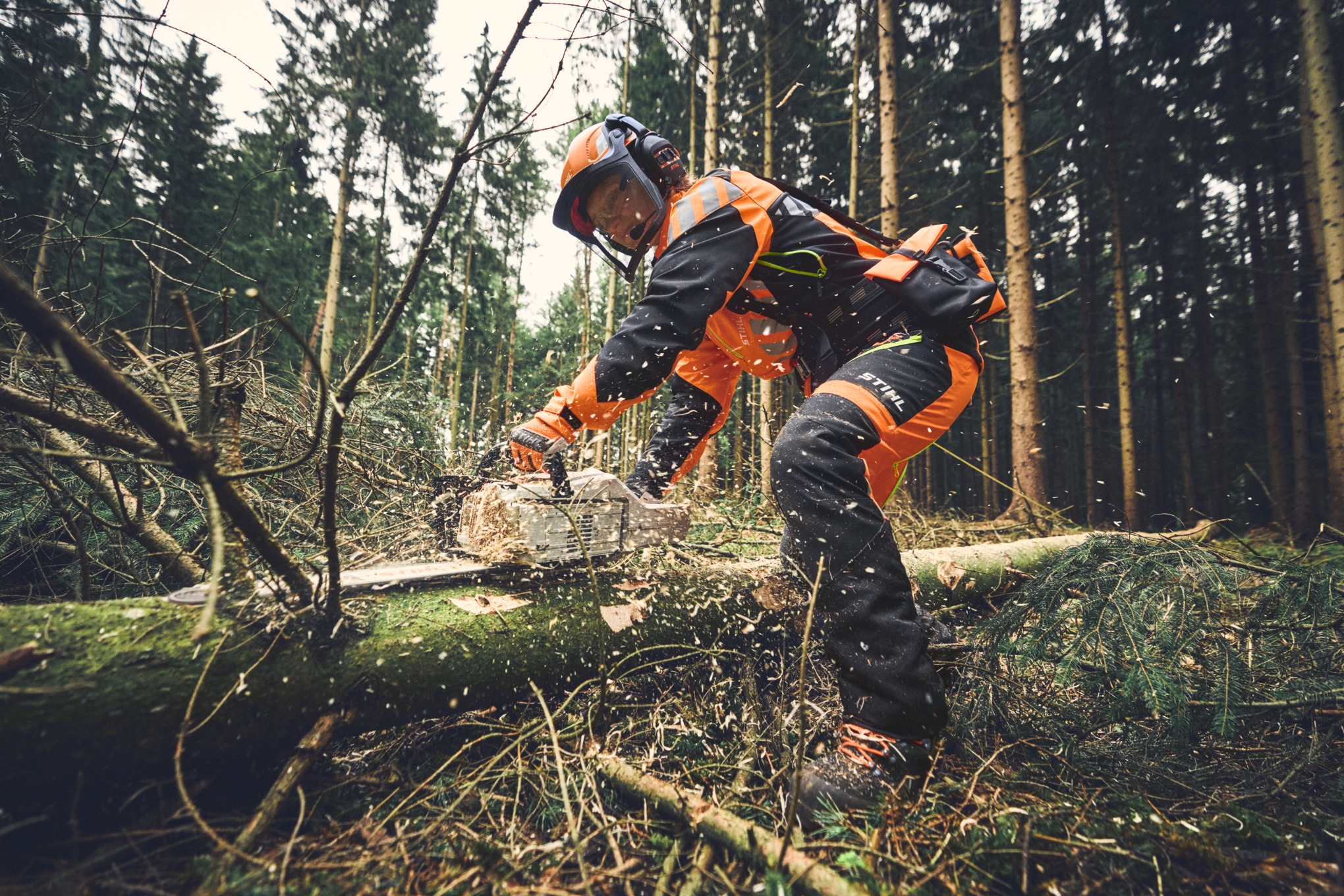 Waldarbeiter bei der Entastung mit der Akku-Motorsäge STIHL MSA 300 und vollständiger PSA Forst 