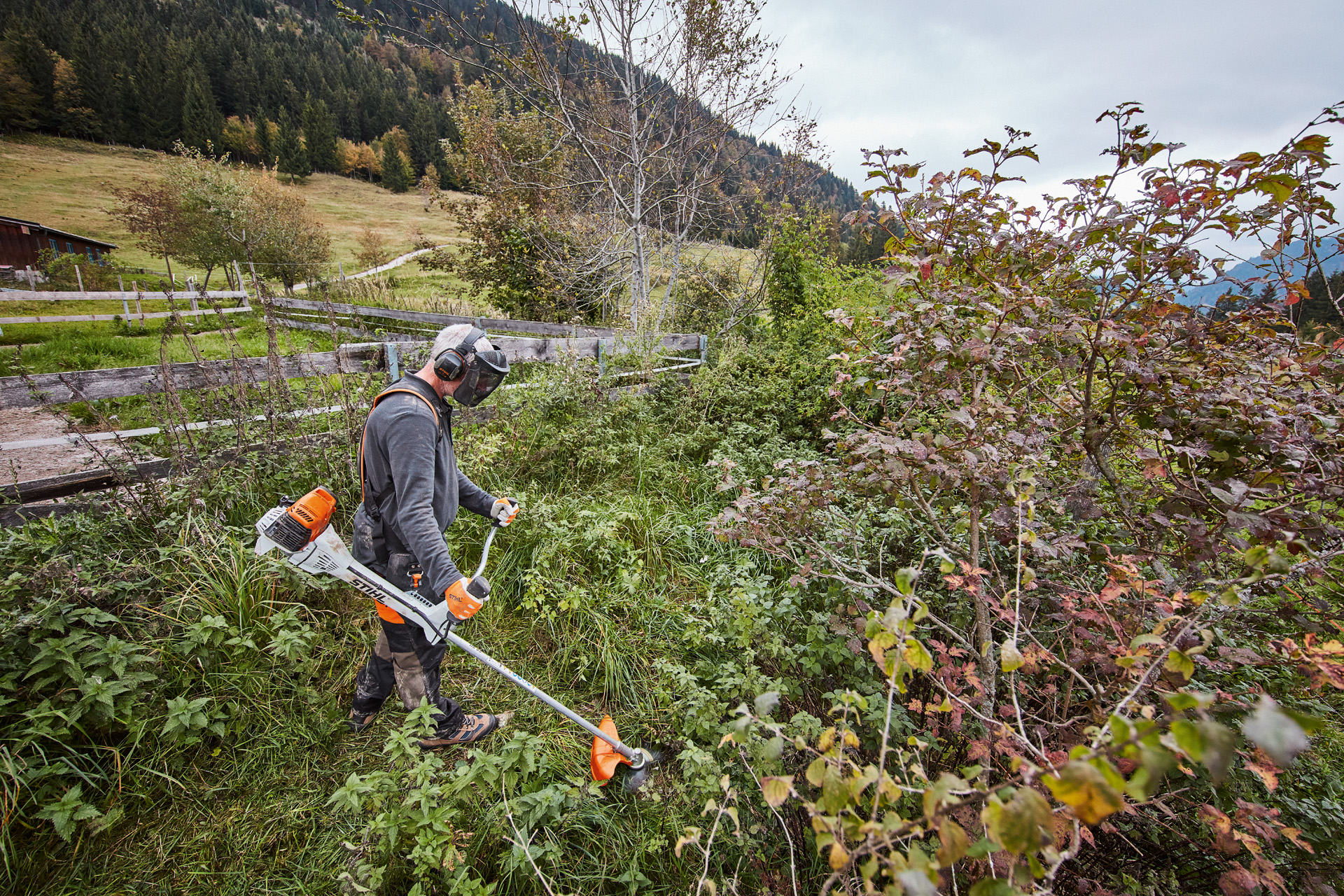 Mann in Schutzausrüstung mäht dichtes Gestrüpp mit einem STIHL Benzin-Freischneider FS 311