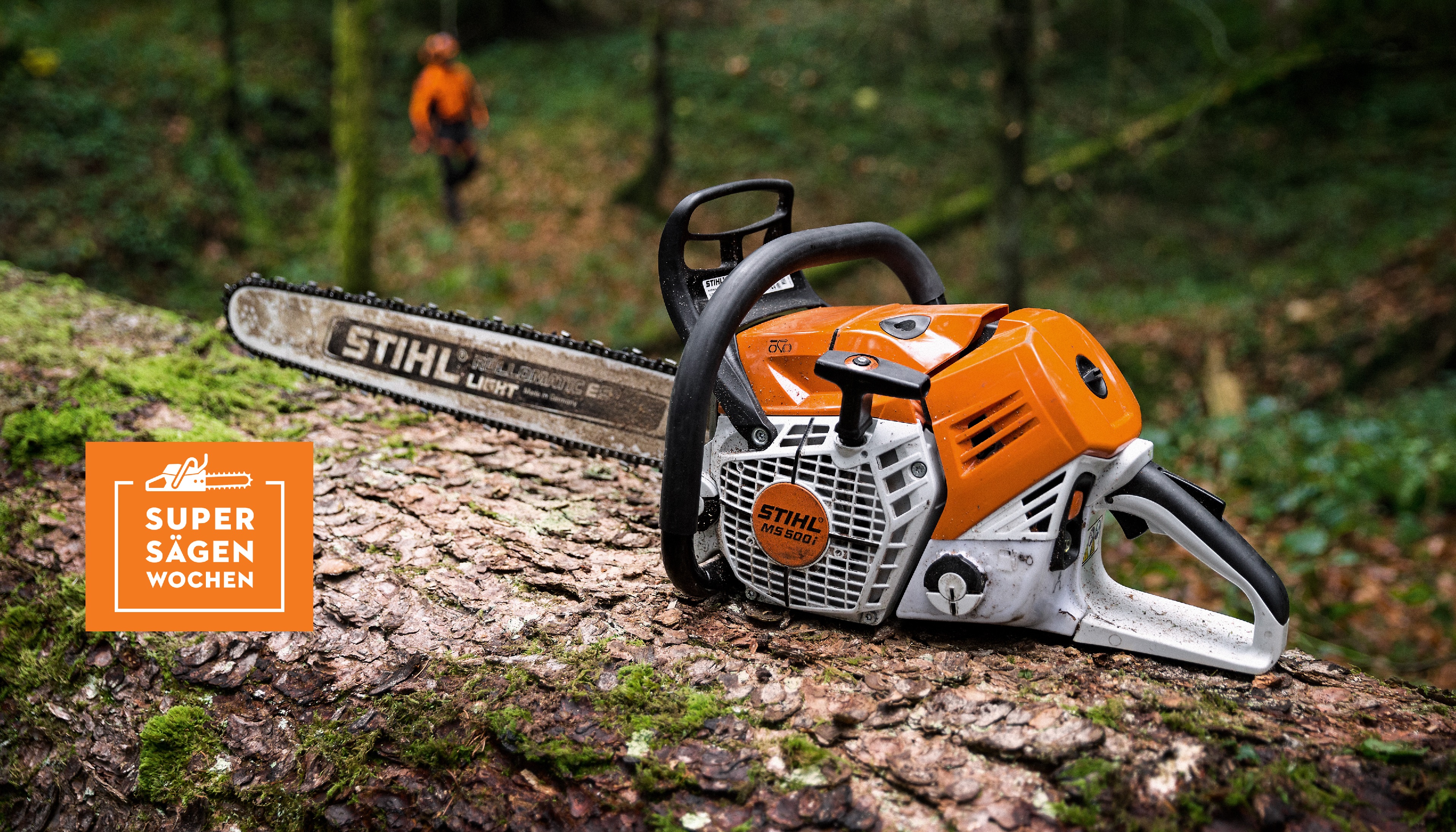 STIHL Motorsäge MS 500i Nahaufnahme auf einem Baumstamm liegend und Förster im Hintergrund