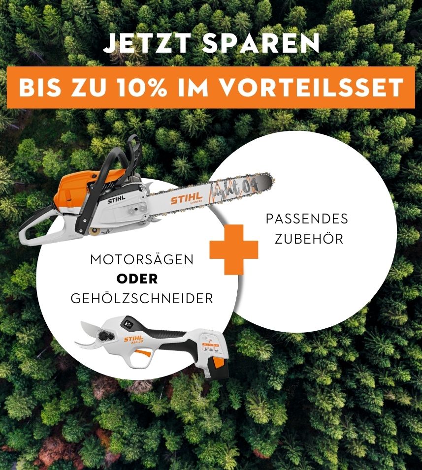 Benzin Motorsägen oder Gehölzschneider im Vorteilsset mit passendem Zubehör sichern und sparen.