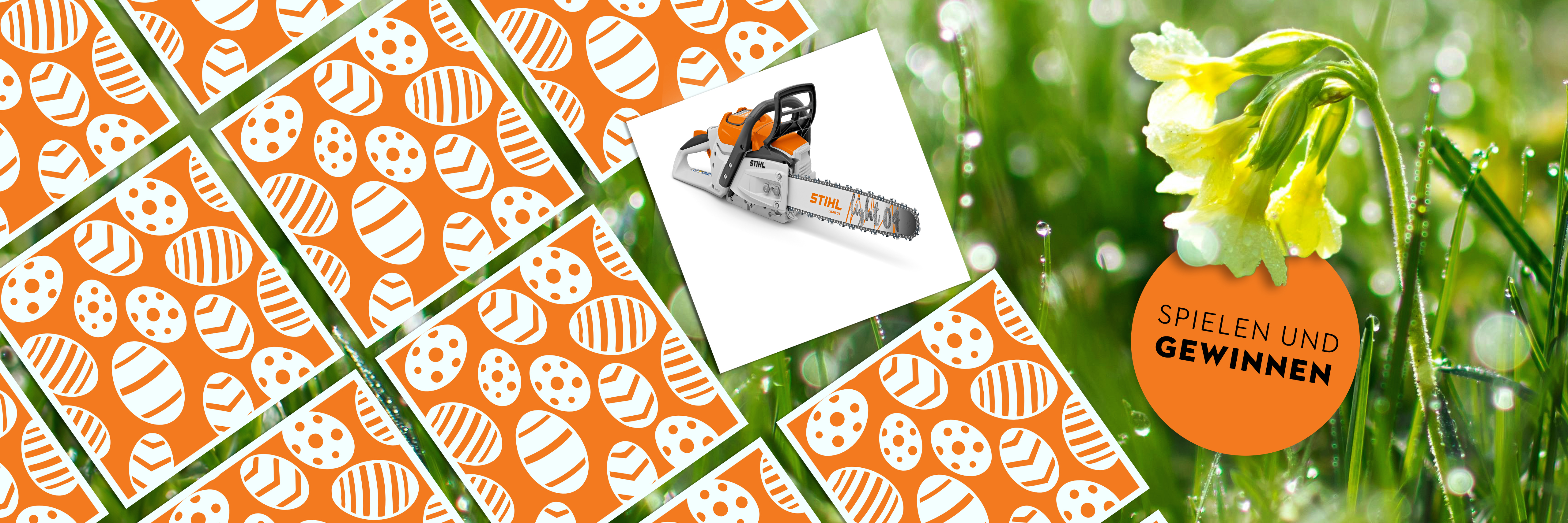 STIHL Osteraktion: Kachelartiges Memory‑Spiel mit orangefarbenen Ostereiern, daneben eine STIHL Motorsäge und eine gelbe Frühlingsblume mit ‚Spielen und gewinnen‘.